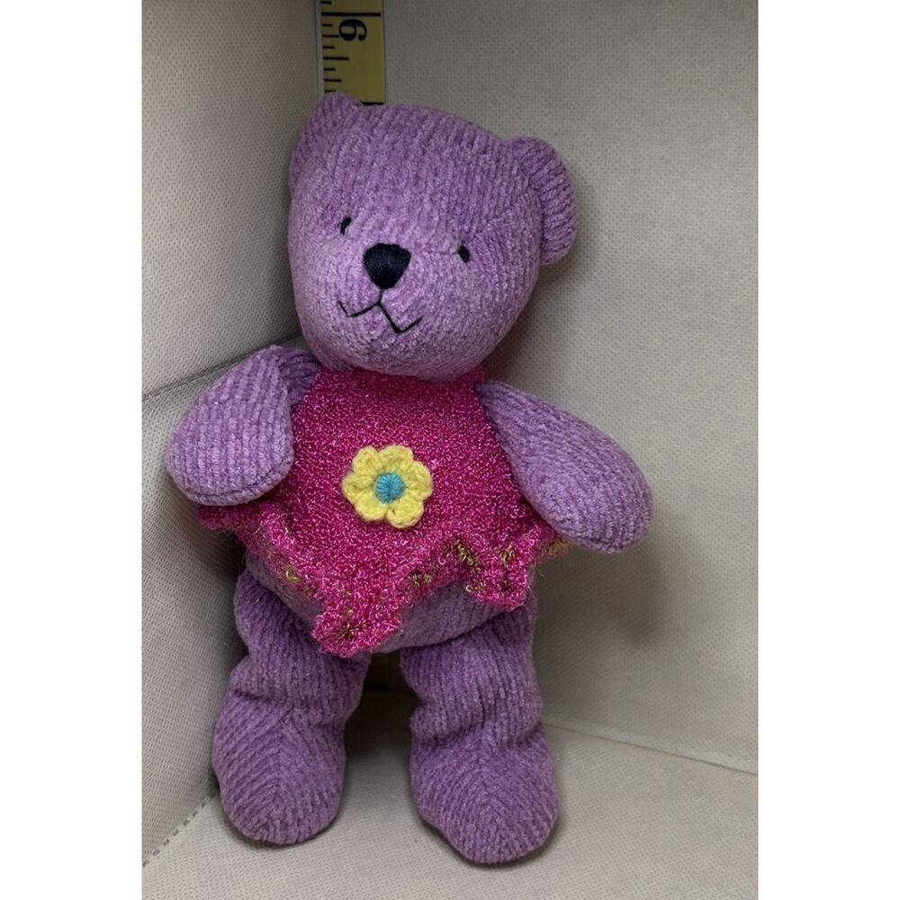 Russ Berrie CHENILLE Bear Purple and Neon Pink Dress Retired Handmade 8” (H)